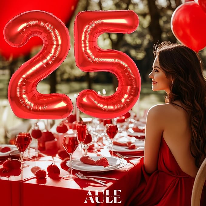 AULE 40 Inch Big Red Foil 25 Number Balloons for Women Large 25th Happy Birthday Decorations Giant Huge Helium Mylar 52 Anniversary Party Decor
