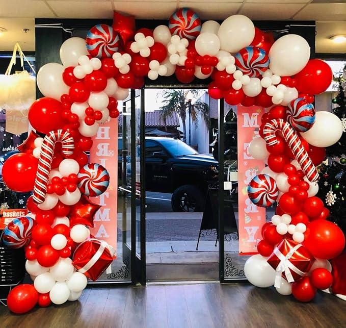 Red Christmas Balloon Garland Arch Kit, Christmas Red White Gold Balloons with Big Gingerbread Cane Windmill Star Mylar Foil Balloons, Metalic Gold Long Balloon for Happy Merry Decorations