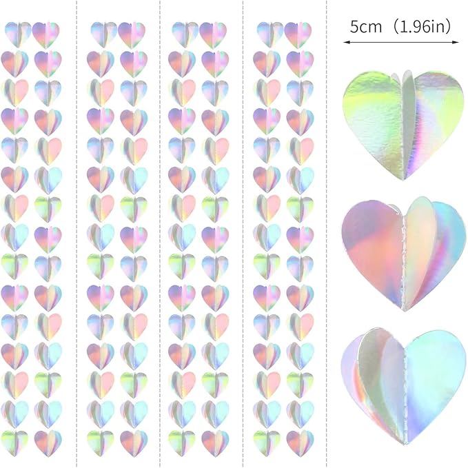 Iridescent Disco-Holographic Party-Decorations Heart-Garland - 39Ft Galentines Valentines Day Wedding Hanging Paper Streamers Banner,Birthday Bachelorette Baby Bridal Shower Engagement Decor Ouruola