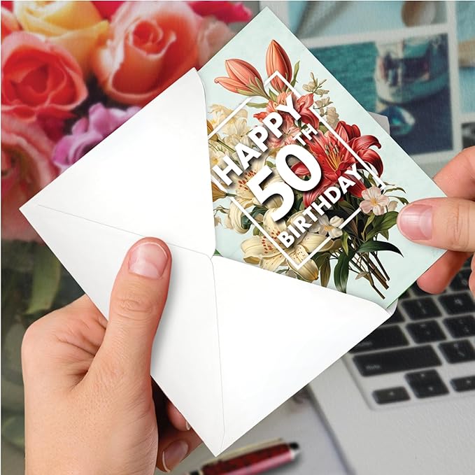 NobleWorks 50th Birthday Milestone Greeting Card with 5 x 7 Inch Envelope (1 Card) Flowers For Milestones - 50 C10592MBG