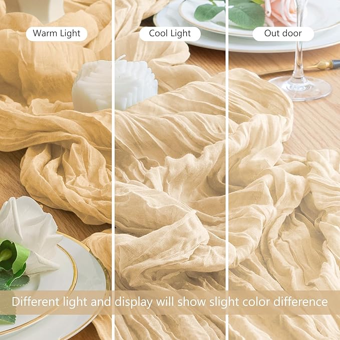 Wokceer Cheesecloth Table Runner Sand 10FT Boho Gauze Christmas Cheese Cloth Table Runner for Party Easter Rustic Sheer Table Runners for Baby Bridal Shower Wedding Table Decor