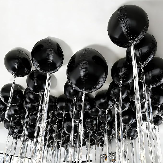 12 Pcs Black Foil Balloons, 22" 15" 10" 4D Round Ball Shape Balloons, Different Size Metallic Black Balloons for Graduation Birthday Wedding Baby Shower Prom Disco Party decorations Backdrop