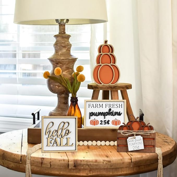DAZONGE Fall Decor, 5PCS Fall Decorations for Home, Hello Sign, Stacked Pumpkin, Farm Fresh, Pumpkin Crate, Bead Garland, Rustic Tiered Tray Decor