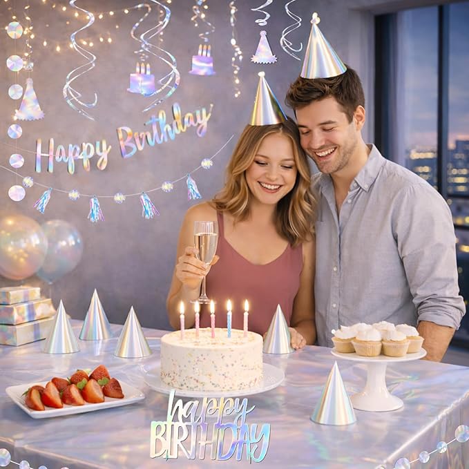 28-Piece Iridescent Birthday Party Decoration Kit – Happy Birthday Banner, Hanging Swirls, Garlands, Table Centerpiece, Tablecloth & Cone Hats for a Shimmering, Photo-Ready Celebration