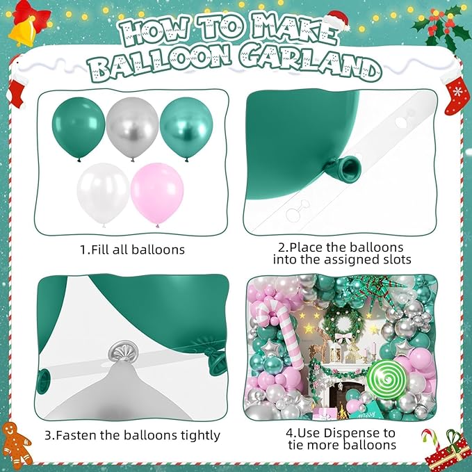 Christmas Balloon Arch Kit, Pink Green Metallic Silver Pearl Balloons with Star Foil, Pink Candy Cane, Green Candy Balloons for Birthday Party Decorations Baby Shower Backdrop