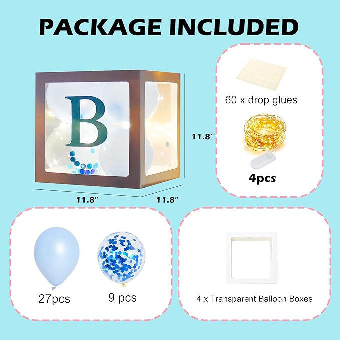 Uptotop Baby Shower Decorations Clear Balloon Blocks with Fairy String Lights, 4 Pack Transparent Balloon Boxes Including 30 Letters, 4 Warm White Fairy Lights & 36 Latex Balloons, Blue