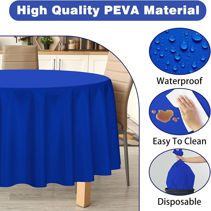 Kopokita 2 Pack Royal Blue Round Disposable Plastic Tablecloths 84 inch Party Table Covers