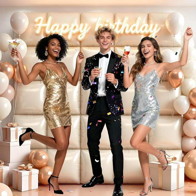 25Pcs Cream White Square Foil Balloons Wall Backdrop, Double Sided Metallic Foil Balloons Tunnel Arch Garland Kit for Photo Booth Birthday Wedding Graduation Halloween Party Decorations