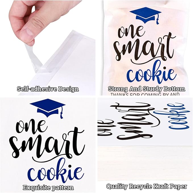 Whaline 100Pcs Graduation Cookie Treat Bags White-Blue One Smart Cookie Self Adhesive Buffet Paper Bags for Congrats Grad School Party Supplies, 5.1 x 7.1 Inch