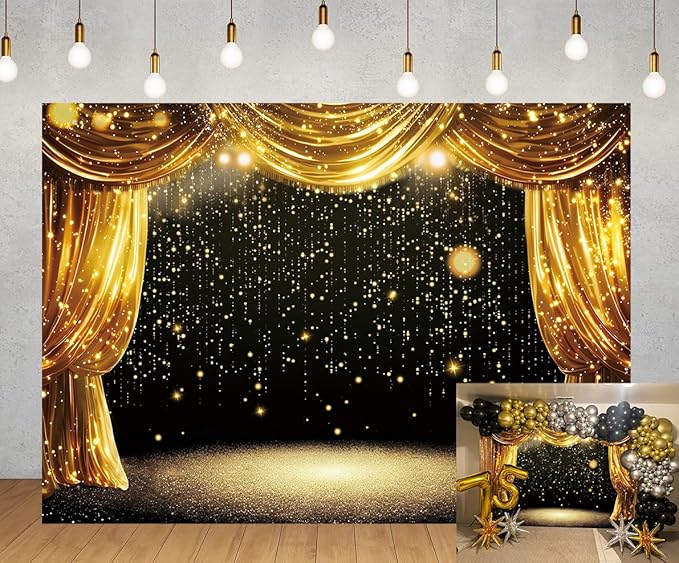 Black Gold Backdrop Black Gold Curtains Glitter Spots Theater Stage Photography Background Adults Kids VIP Carnival Graduation Prom New Year Birthday Party Decorations Banner Photo Props (8x6FT)