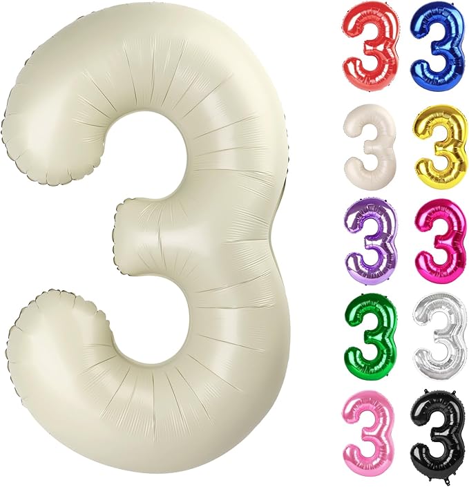 Cream Number 3 Balloon 40 Inch, 3 Balloon Number, 3rd Birthday Decorations, Cream Party Supplies for Boys Girls