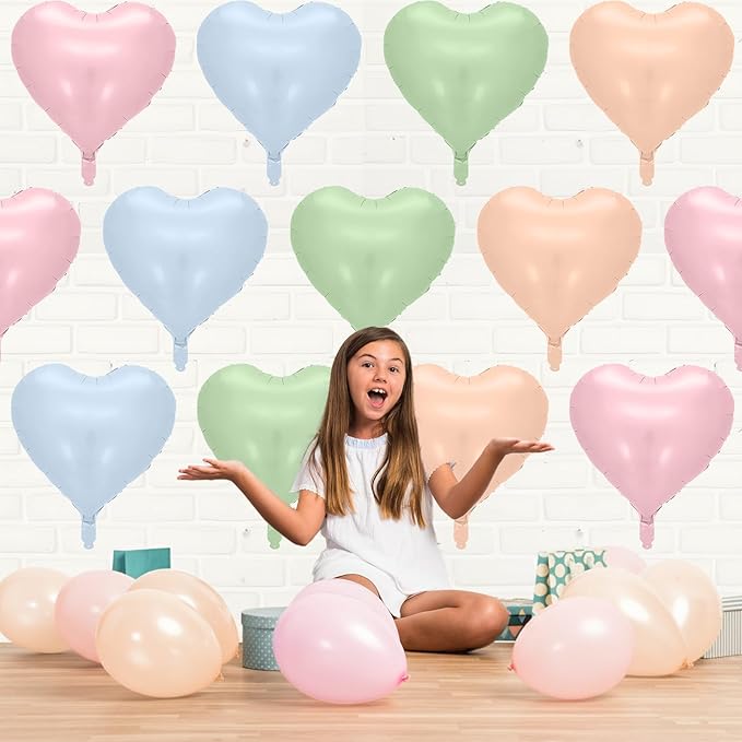 Pink Blue Green Heart Balloons, 10 Pcs Pastel Heart Shaped Balloon, 18 Inch Baby Pink Blue Sage Green Foil Balloons for Boho Garden Wildflower Brithday Baby Shower Valentines Tea Party Decoration