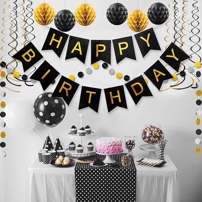 Black Birthday Decorations with Happy Birthday Banner, Paper Honeycomb Balls, Circle Garland and Hanging Swirl Decorations