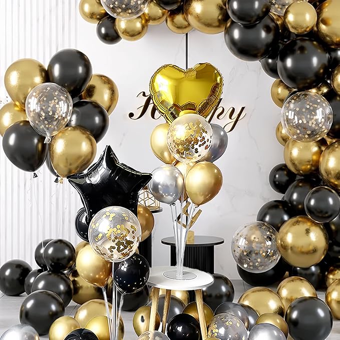 4 Sets Balloon Stand Kit, Balloon Sticks Holder with Black and Gold Balloons Table Centerpiece Party Decorations for 2026 New Years Eve Graduation Father's Day Anniversary(Black and Gold)