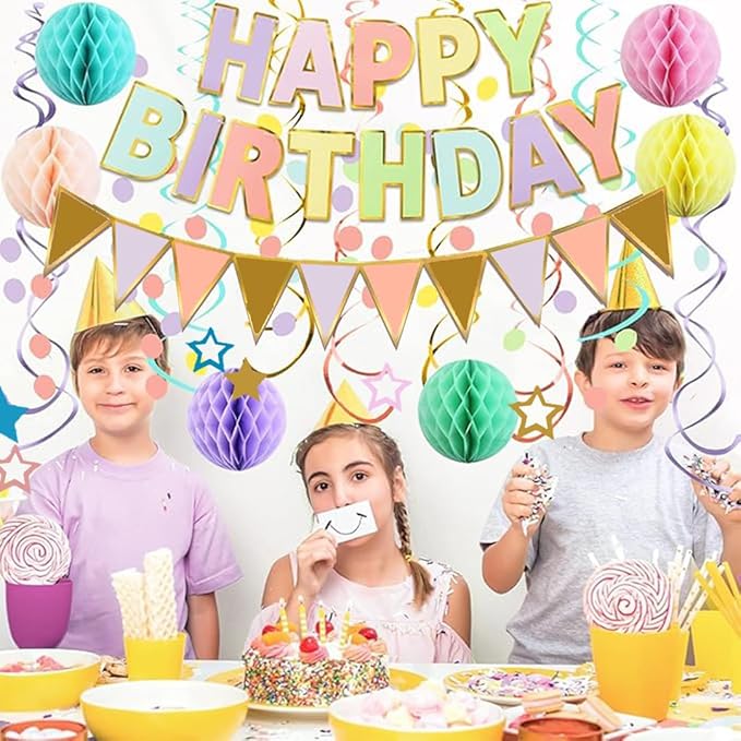 Pastel Birthday Decorations, Happy Birthday Banner with Honeycomb Balls, Stars Hanging Swirl Streamers, Buntings Circle Dots Garland, Party Decorations for Women Men Boys Girls (Multi-colored)