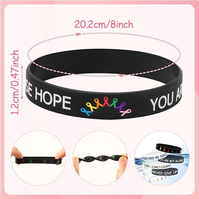 JUNEBRUSHS 42pcs Cancer Awareness Silicone Wristband Bulk All Prevention Ribbon Inspirational Rubber Bracelets for Cancer Fighters Favor Dress-Up Supplies