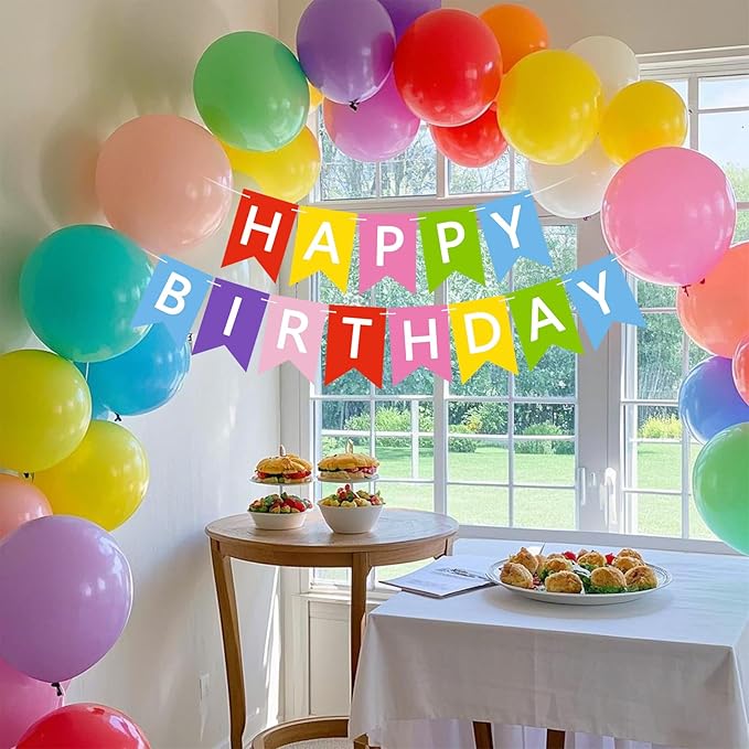 Happy Birthday Banner Sign, Birthday Garland Wall Door Hanging Banners Flag for Women Men Boys Girls Party Backdrop Decorations, Personalized Name Banner White Letters Multicolor