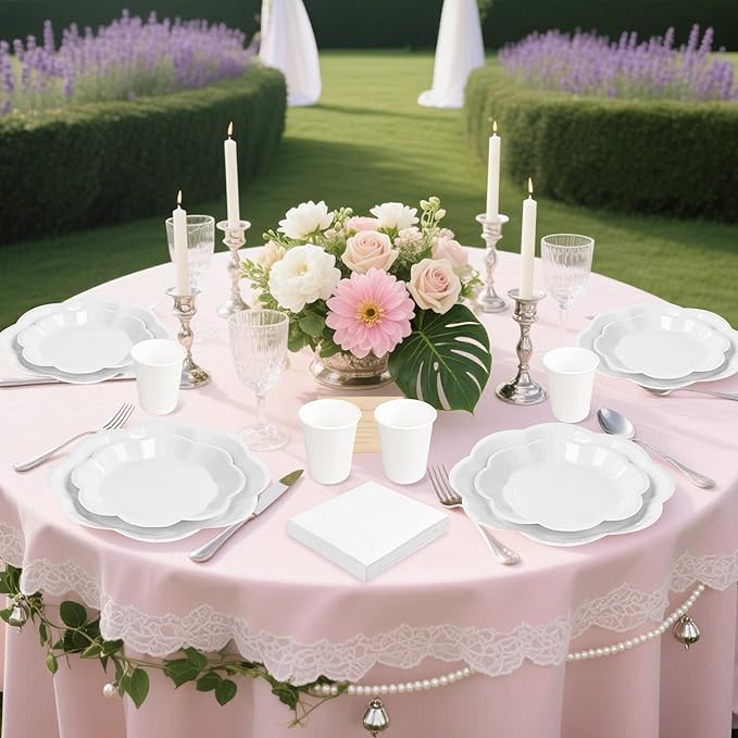 250 Pcs White Paper Plates and Napkins Tableware Set, White Party Supplies for 50 Guests Include Scalloped Paper Plate Napkins Cups for Baby Shower Wedding Bridal Shower Birthday