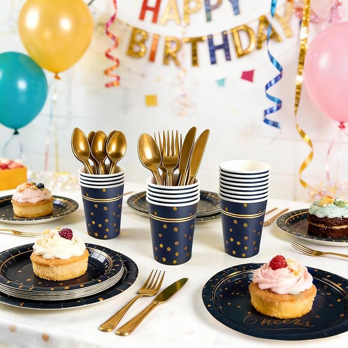 OuMuaMua Blue Paper Plates and Napkins Party Supplies for 24 Guests, 168 Pcs Navy Blue Disposable Plates with Utensils Set for Blue and Gold Graduation Retirement Birthday Party Decorations