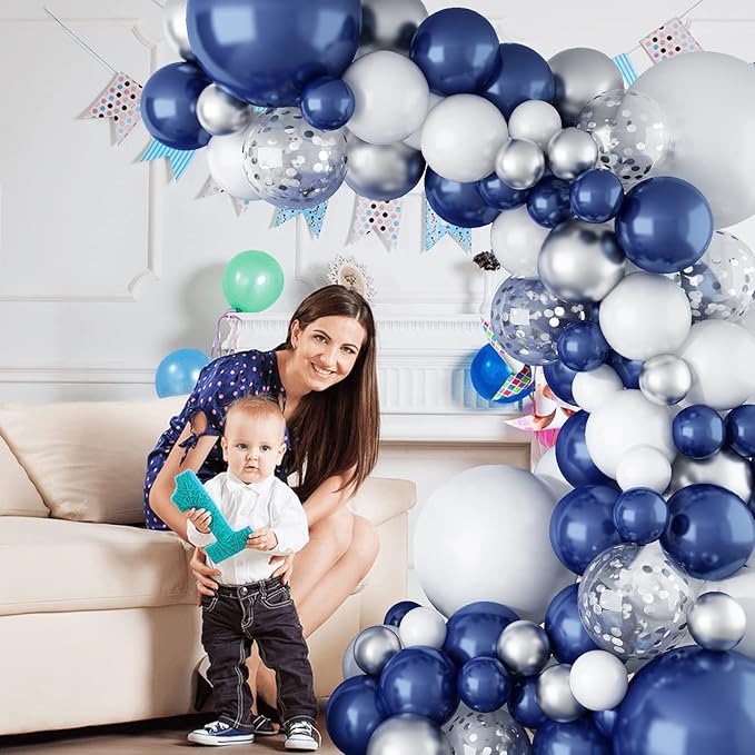 144PCS Navy Blue Silver Balloons Garland Kit, 18 12 10 5 inch Blue White Balloons and Silver Confetti Balloon Garland, Navy White Balloon for Graduation Birthday Baby Shower Wedding Party