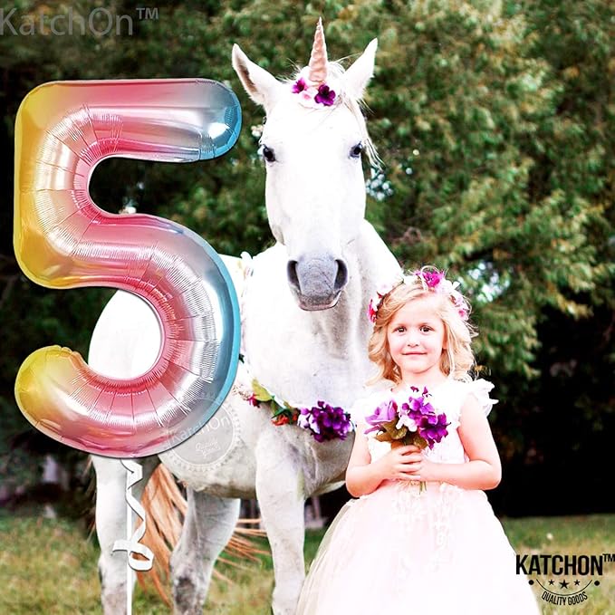 KatchOn Giant Rainbow Number 5 Balloon - 40 Inch | 5th Birthday Decoration, Unicorn Party Décor