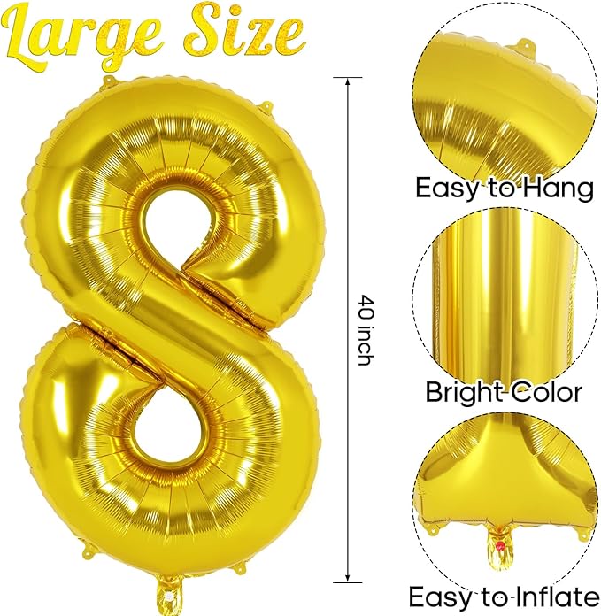 Gold Number 8 Balloon 40 Inch, Big Large Foil Helium Number Balloons, Jumbo Giant Mylar Number 8 Balloons for 8 Year Old Birthday Party Decorations Supplies Anniversary Celebration
