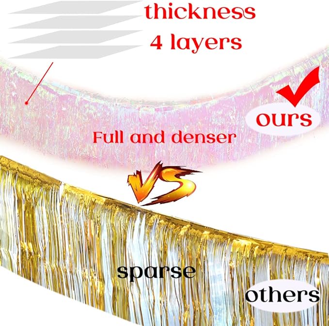 Premium Iridescent Fringe Tinsel Garland for Party Decorations -4 Layers Thick, 2 Pack | LILF Foil Metallic Tinsel Banner Party Streamers for Wedding Birthday Christmas Decoration