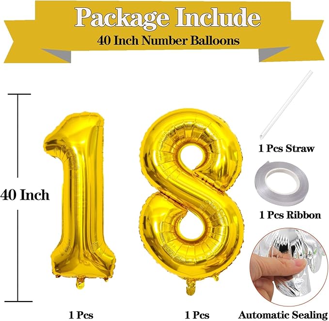 Large Gold 18 Number Balloons, 40 Inch Jumbo Number 18 Balloon, Gold Foil Mylar Balloons for Girl Sweet 18th Birthday Party, Anniversary Decorations