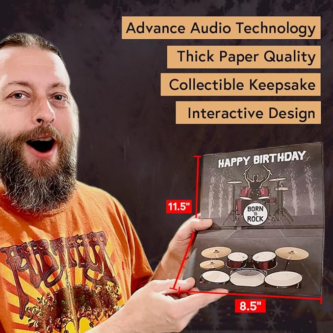 Interactive Music Birthday Card - Playable Musical Birthday Cards for Men, Unique Gift for Guitar Players, Drummers & Pianist, Musician Friends & Son, Musical Instrument Touch to Play (Drums)