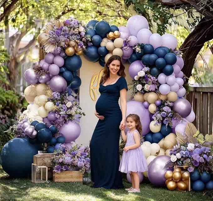 Navy Blue Purple Balloon Arch Double Stuffed, Dark Blue Pastel Lavender White Sand Ivory Balloon Garland Kit with Clear Bobo Metallic Lilac Latex for Baby Shower Wedding Birthday Valentine Party Decor