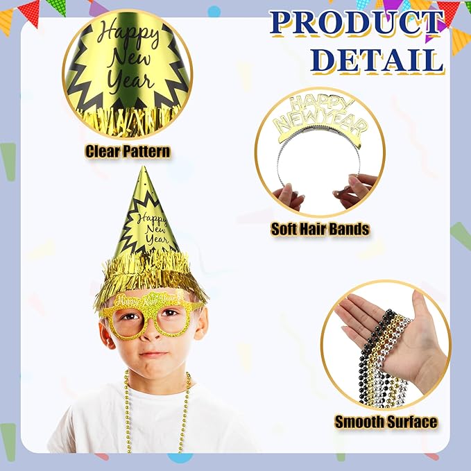 Capoda 384 Pcs New Years Eve Party Supplies 2026 Decorations Kit for 96 Guest with Happy New Year Cone Hat Tiara Headband Glasses Bead Noisemaker Horns Lei Necklace
