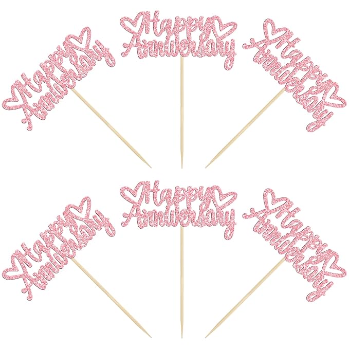 Gyufise 24Pcs Glitter Happy Anniversary Cupcake Toppers Anniversary Party Supplies Cake Decoration Wedding Celebration Party Decoration Supplies Pink