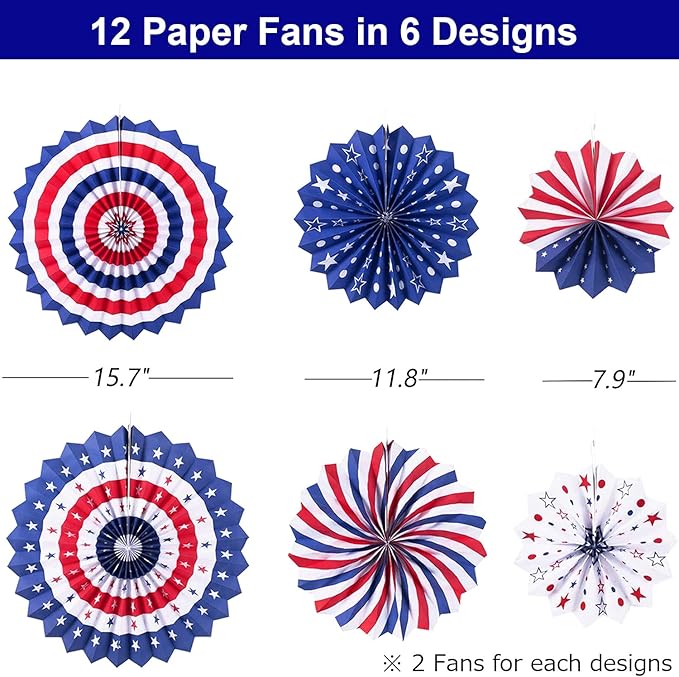 4th of July Patriotic Decorations 12PCS Hanging Paper Fan for USA Patriotic Decorations Independence Day Memorial Day American Theme Party Veterans Birthday Decor Supplies