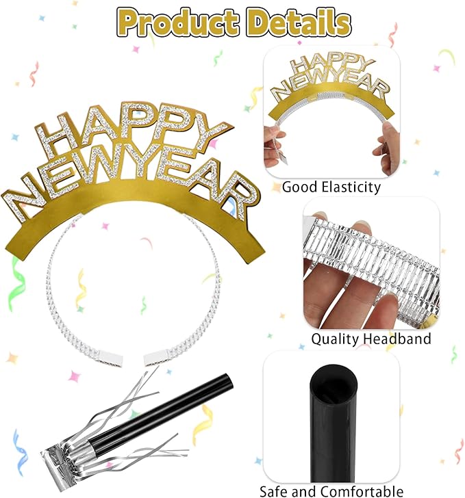 Openfly New Years Eve Party Supplies 2026 Happy New Year Headband Tiara New Year Fringed Noise Makers Party Favors