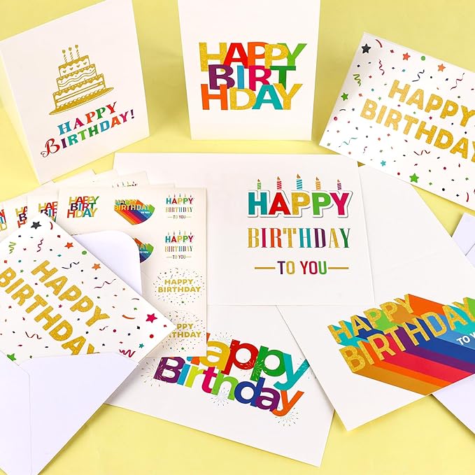 Hooqict 120 Pack Assorted Gold Happy Birthday Cards Bulk with Envelopes and Stickers 4x6 Inch Thick Card Stock Blank Birthday Card Set for Kids Girls Boys Men Women Family Classroom Office Business