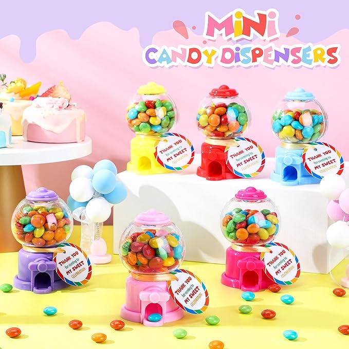 Candy Party Favors with 3.8 Inch Mini Candy Dispenser Toy Thank You Cards Mini Bubble Gumball Machines for Land Birthday Party Decorations Favors(18 Sets)