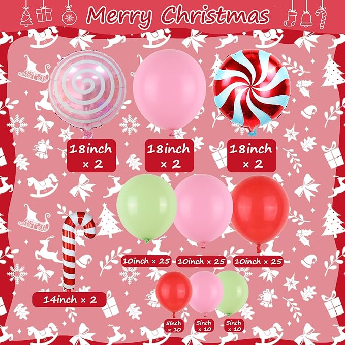 Merry Christmas Balloon Arch Kit Pink Balloon Garland, 112pcs Christmas Decorations Pink Red Green Balloons with Windmill Cane Foil Balloon, Baby Shower Xmas Party Supplies Decor