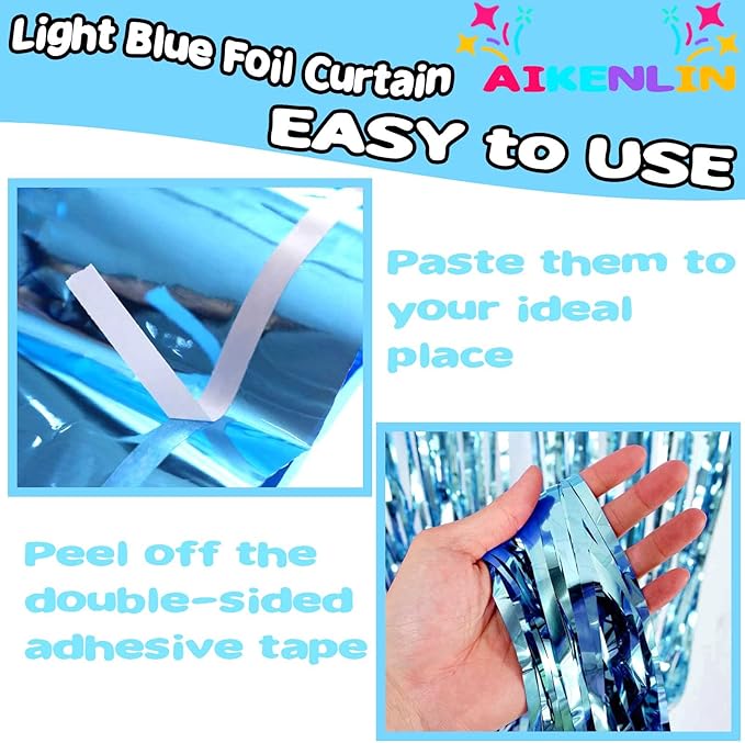 4 Pack 3.3Ft x 6.6Ft Light Blue Foil Fringe Curtain Backdrop, Metallic Tinsel Foil Fringe Streamers Curtains Background for Photo Booth, Birthday, Wedding, Halloween, Christmas Party Decoration