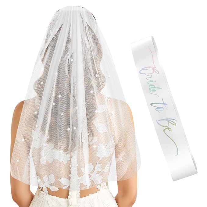 Iridescent Bride to Be Sash & White Rhinestone Veil for Bachelorette Party, 2Pcs Bridal Veil and Sash Set for Women, Bach Party Favors Accessories for Wedding Bridal Showers Engagement Party Supplies