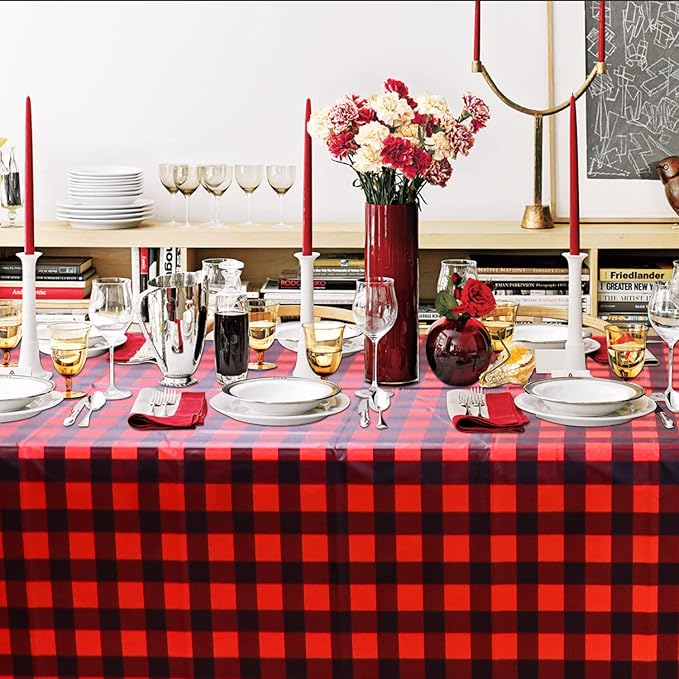 4 Pack Buffalo Plaid Tablecloths - 51x86 Disposable Plastic Red and Black Lumberjack Checkered Tablecloth for Party, Picnic, Camping, Barbecue, Christmas, Holiday Table Decor