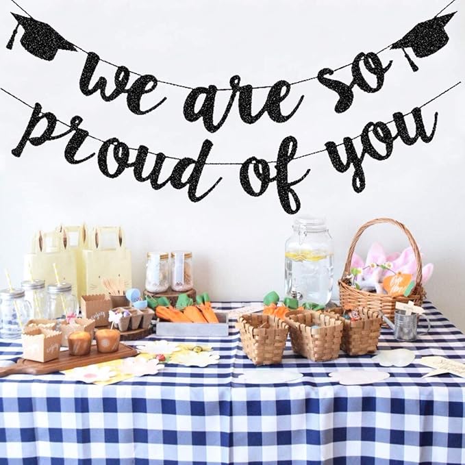2026 Graduation Banners Party Decorations, Black Glitter We are So Proud of You Graduation Banners Garland for Congratulation Graduations Party Supplies, School, Home, Car Decorations