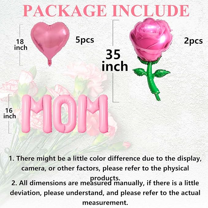 Pink Mom Balloons Pink Heart Rose Mother's Day Balloons Party Balloons for Mother's Day Decoration Party Decorations Theme Supplies Balloon Sets-10 PCS