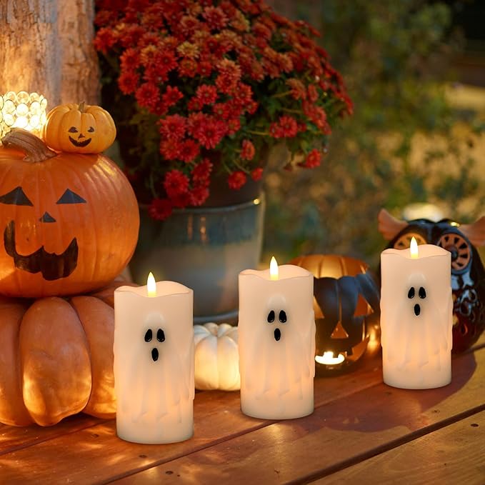 Halloween Ghost Flameless Pillar Candles with Remote Timer, Battery Operated LED Candles for Halloween Decorations Indoor Halloween Home Decor Gifts (2 Pack, 3” x 6.5”)