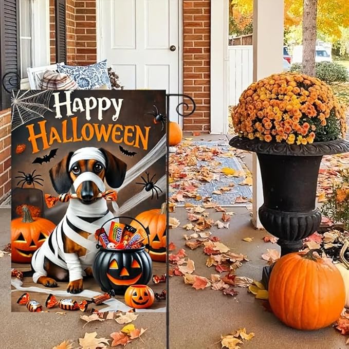 Halloween Garden Flag Mummy Dog Pumpkin Candy Bucket 12x18 Inch Double SidedOutdoor Yard Banner for Trick or Treat Haunted House Spooky Small Holiday Decoration Decor