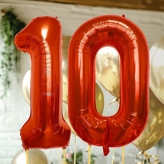 40 Inch Large Red Number Celebration and Decoration Balloon for Birthday Parties, Graduations, Anniversaries, Weddings, Photo Shoots, Special Events - Helium Foil Mylar (Red Number 10)