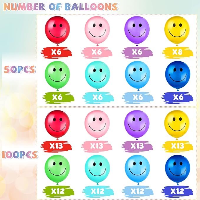 Sratte 100 Pcs Happy Smile Balloons for Birthday Party 12'' Latex Smile Face Colorful Naughty Balloons Party for Baby Shower Wedding Decoration Festive Supplies (Assorted Color)