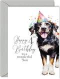 4th Birthday Cards for Son - Party Dog - Happy Birthday Card for 4 Year Old Son from Dad Mum, 5x7 Inch Bday Boys Boy Kids Greeting Cards Gift for Son Birthday Gifts