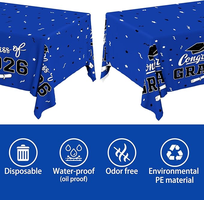 Gatherfun 2026 Graduation Decorations : 2-Pack Congrats Grad Disposable Tablecovers - Class of 2026 Blue Themed Table Cloths, for Graduation Party Supplies & Graduation Backdrop, 54" X 108"