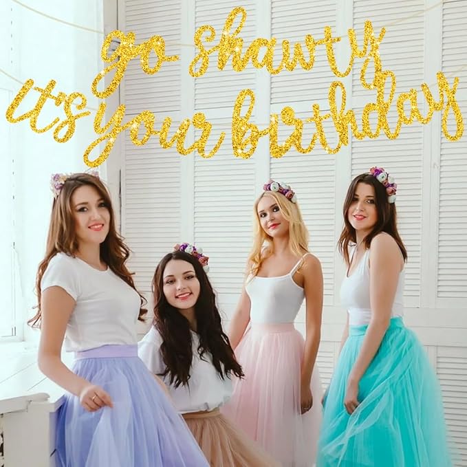 BEISHIDA Go Shawty It's Your Birthday Banner NO DIY Hip Hop Theme Happy Birthday Banner Pre-Strung Rap Theme Happy Birthday Sign for Man Women birthday Party Supply Glitter Gold