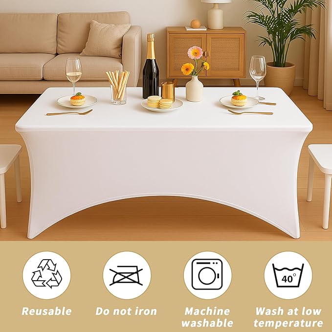 Fixwal 3 Pack Pearl White Table Cloths Rectangle 6FT, Tablecloths Rectangular Stretch Spandex Fitted Table Covers 6Ft for Parties, Trade Shows, Banquet, Weddings, Buffet, Graduation Decorations
